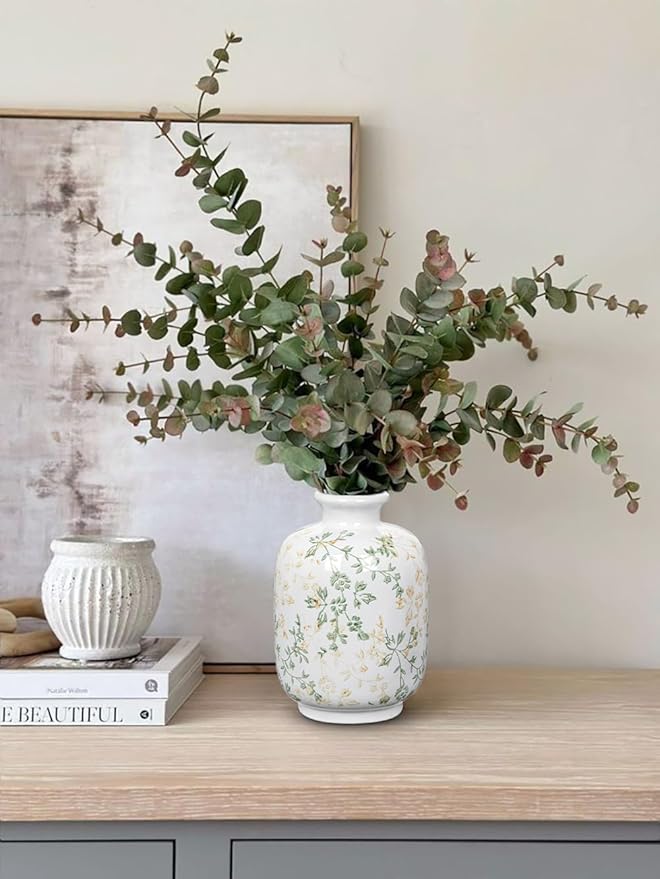 Hollyone Green and White Porcelain Vase Large Chinoiserie Floral Vintage Tall Green Ceramic Vases for Home Mantle Shelf Living Room Table Centerpieces Decor, 7.3 Inch