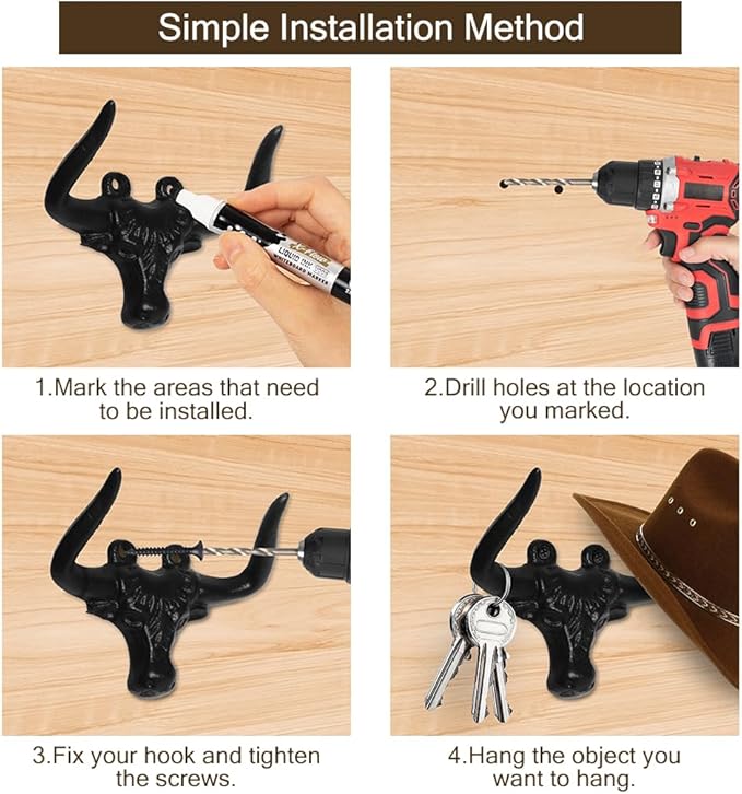 Cast Iron Wall Mount Hooks – Black Bull Design, 2 Pack – Vintage Rustic Coat Hooks for Entryway, Bathroom, Kitchen, or Bedroom