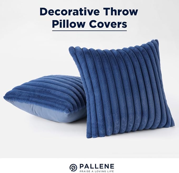 Pallene Faux Fur Plush Throw Pillow Covers 18x18 Set of 2, Luxury Soft Fluffy Striped Decorative Pillow Covers for Sofa, Couch, Living Room, Navy Blue