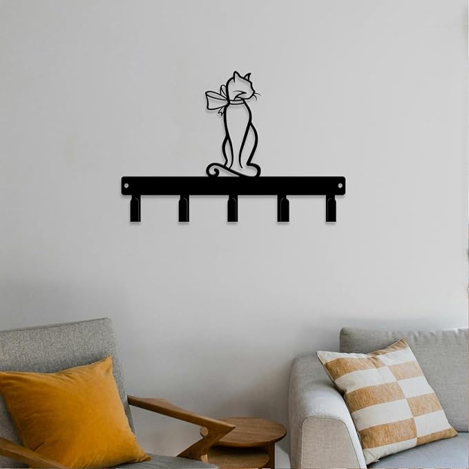 magilab Cat-Themed 10-Inch Iron Key Hooks with 5 Hooks, Black Wall Organizer - Cute Cat Design for Home Decor, No Drill & Screw-in Options (Style H)