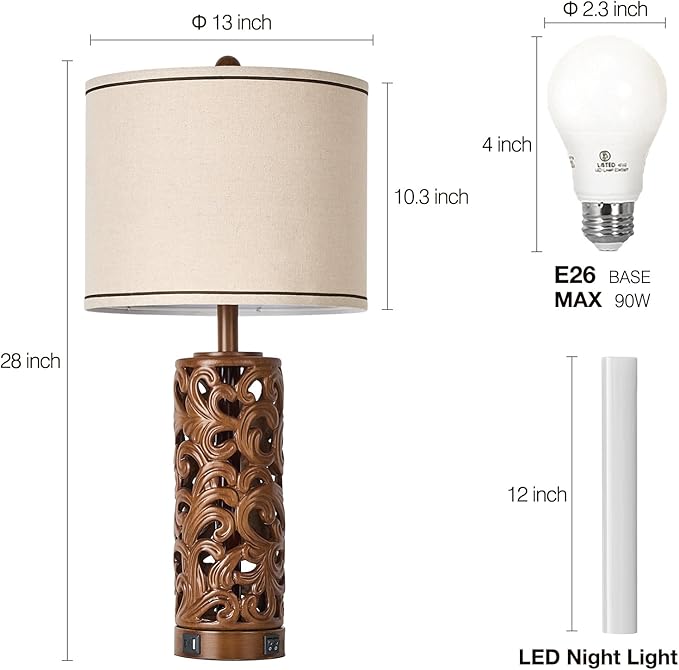 AIDENOEY 27.5" H 3-Way Dimmable Touch Control Table Lamp with USB A+C Ports, Vintage Walnut Finish Resin Bedside Farmhouse Table Lamp Set of 2,for Living Room,Bedroom,Office