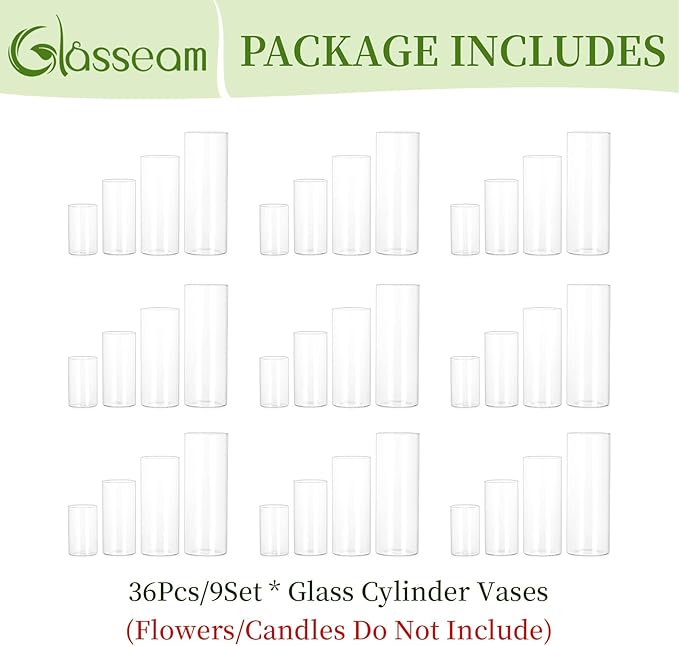 36Packs Cylinder Glass Vases for Centerpieces: Glasseam Clear Flower Vases Set Bulk 4" 6" 8" 10" Hurricane Floating Pillar Candle vase Holder - Modern Centerpiece for Wedding Dining Home Table Decor