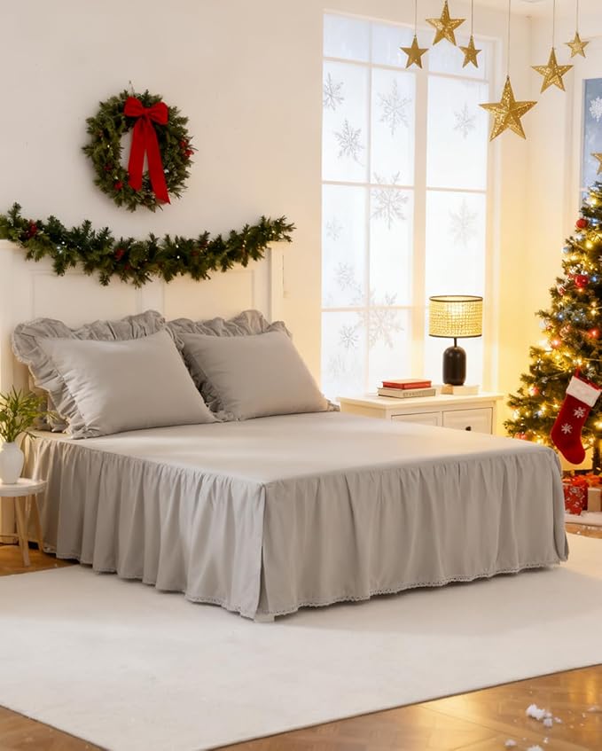 Vlocemon Queen Size 14 inch Drop Light Grey Dust Ruffle, 100% Lightweight Cotton Ruffled Bed Skirt, French Coutry Style, Lace Ruffled Bed Skirt with Split Corners