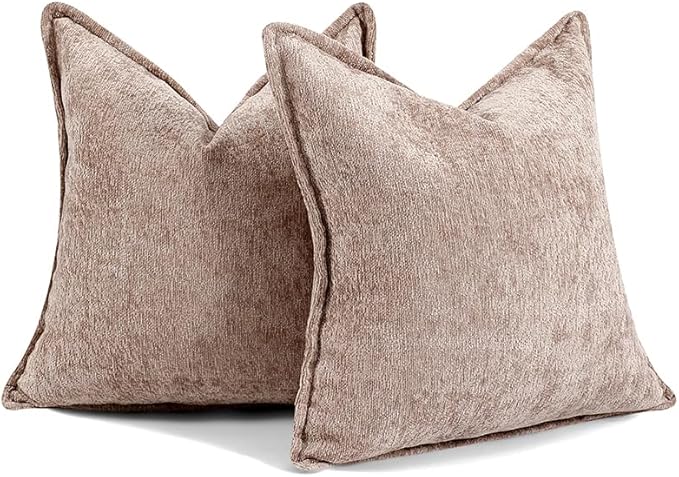 DEZENE Pack of 2 Khaki Decorative Throw Pillow Covers 16x16 Cozy Soft Chenille Accent Vintage Square Couch Pillow Covers for Home Decor Bed Sofa Living Room