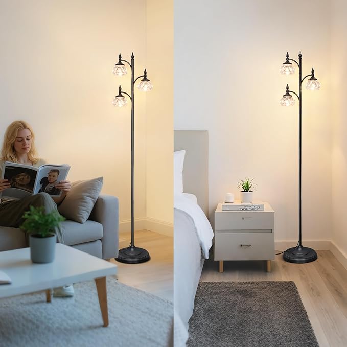 JUNNAI Black Floor Lamp for Living Room,Tall Standing Lamp Dimmable Tree Floor Lamps with 3 Rotatable Lights Glass Shade 66.5'' Modern Corner Lamp for Bedroom Office(3LED Bulbs Included)