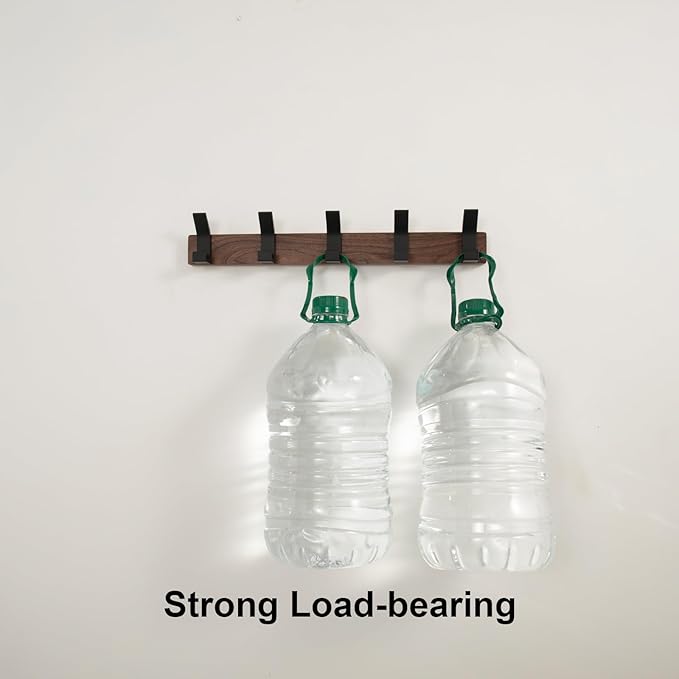 Coat Rack Wall Mount - 16.9 Inches Coat Rack Wall Mount with 5 Hooks Walnut Wood Coat Hooks Wall Mounted Rustproof Coat Hanger Black Aluminum Wall Hooks for Hanging Coat Hat Backpack Key