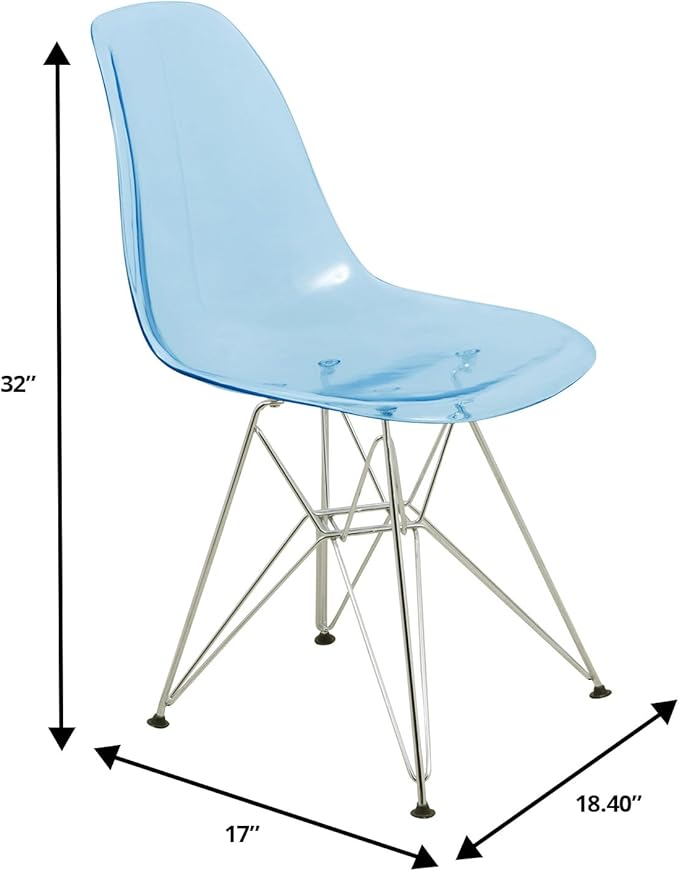 LeisureMod Cresco Mid Century Acrylic Dining Chair - Ergonomic & Lightweight Accent Side Chair with Curved Back & Chrome Eiffel Base for Home, Kitchen & Café, Transparent Blue