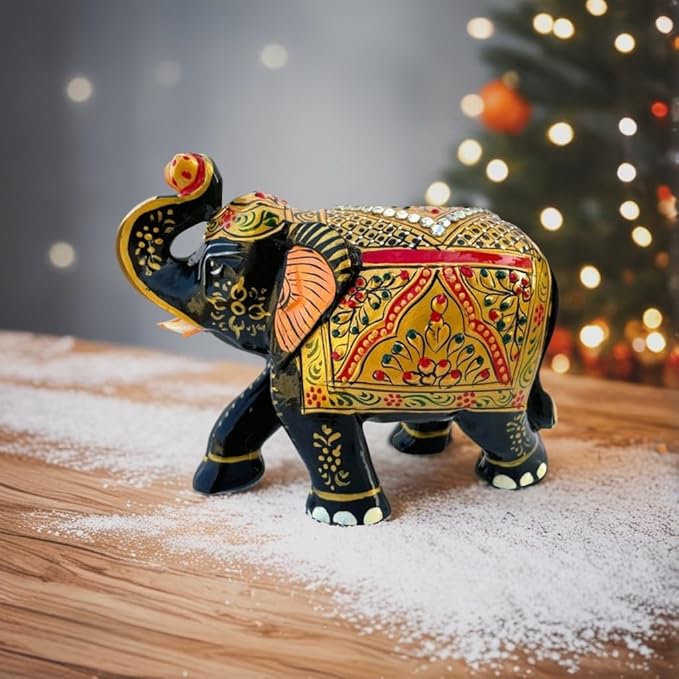 Handcrafted Wooden Elephant Figurine ā Traditional Artwork, Gold & Gemstone Embellishments ā Lucky Decorative Elephant Statue for Prosperity | Beautiful Elefantes Decorativos para Sala (Black & Gold)