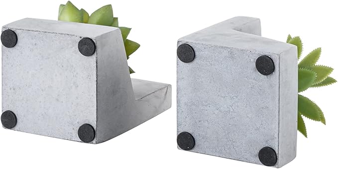 MyGift Decorative Bookends for Heavy Books, Book Ends with Planted Artificial Succulent Plants, Book Stands for Shelves Desktop, 1 Pair, L-Shaped Concrete