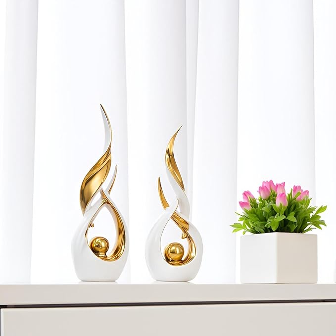 Gold Ceramic Abstract 2 Piece Statue Set,Mid Century Modern Abstract Art Home Decor Statue Mantelpiece on Unique Shelf Decor, TV Cabinet Divider Table top and Dining Table Centerpiece (White Gold)