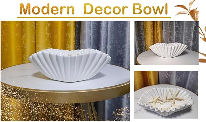 Ceramic Decorative Bowl,White Modern Bowls for Home Decor,Decorative Fruit Bowl for Kitchen Counter,Ruffle Decorative Key Bowl for Entry Table