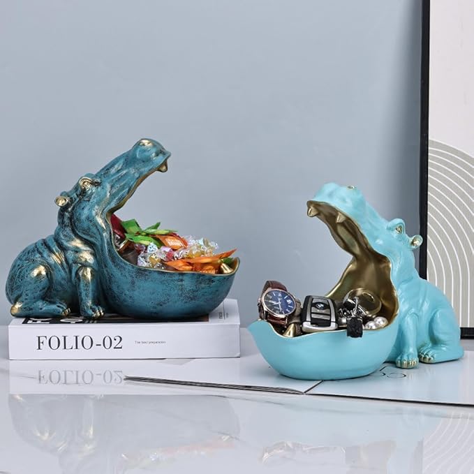 Hippo Figurine Candy Dish & Key Bowl - Unique Resin Hippopotamus Statue for Office Desk & Entry Table Decor - Multifunctional Sundries Container, Jewelry Stand, and Wallet Holder - Cute Hippo Gifts