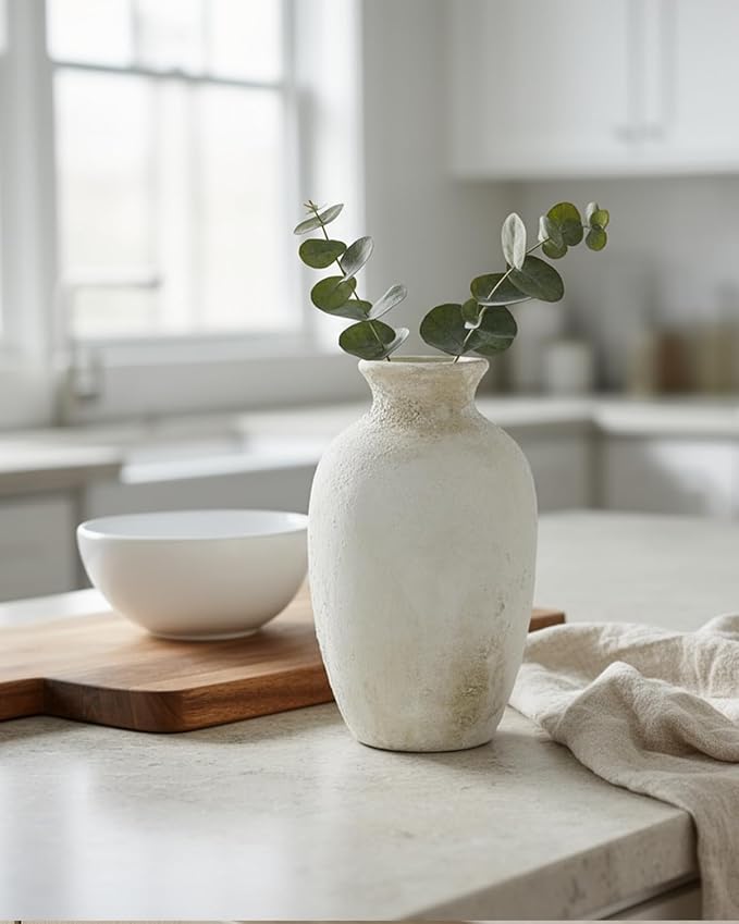 Ceramic Flower Vase Home Decor – 8.3 Inches Pottery Rustic Farmhouse Bottle Vase for Table Centerpiece, Shelf & Mantel, Beige