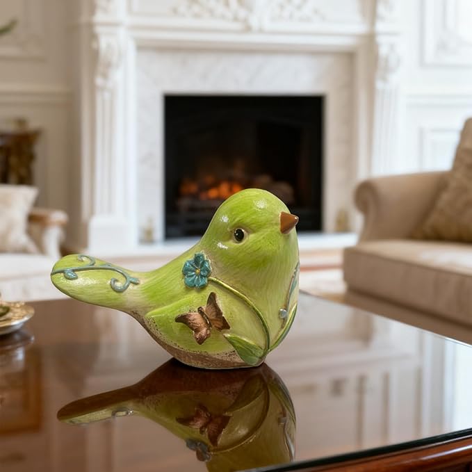 Green Resin Bird Sculpture Home Decor, 4.3 Inch Cute Statues Decorative Objects for Room, Bedroom, Living Room,Office Desk, Book Shelf,Coffee Table,Entryway, Gifts for Bird Lovers
