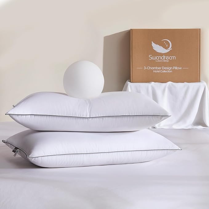 Swandream Goose Feather Down Fiber Pillows Standard Size Set of 2, Luxury 3-Chamber Pillows with Soft & Down-Proof Cover, Fluffy Plush Hotel Bed Pillows for Side, Back & Stomach Sleepers, 20"x26"