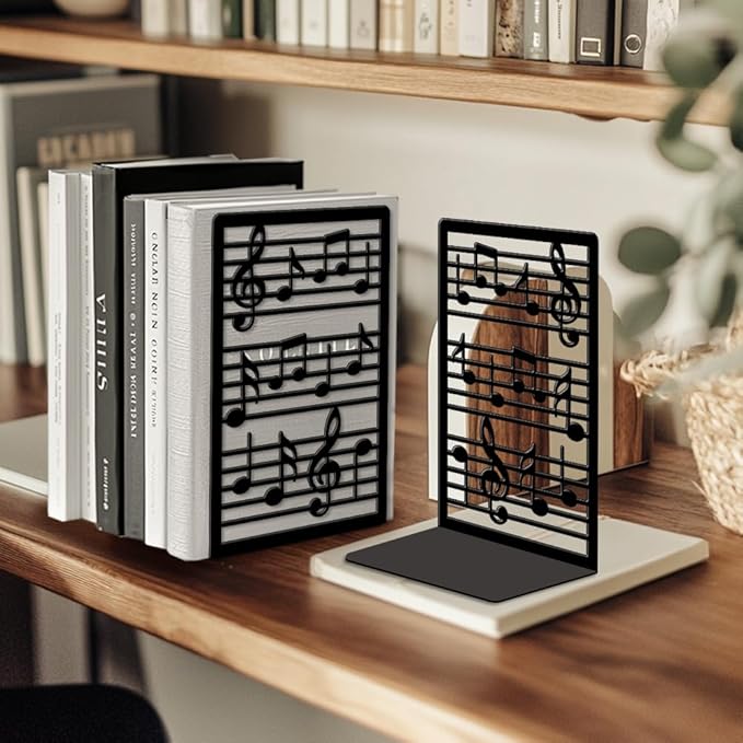 Peacoblue Metal Bookends for Shelves, Modern Decorative Heavy Duty Study Book Ends Stoppers for Office, Desk, Shelf, Room 5.3"x4.3"x7.9" Cast Iron Simple Tall Bookends 1 Pair (Music Notes and Staves)