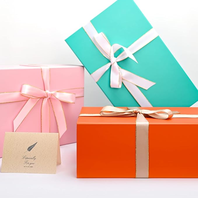 LIFELUM Gift Boxes Bulk, 13.85 x 8.35 x 4.45 inch 1 Pack Orange Gift Boxes with Lids Contains Card, Ribbon, Shredded Paper Filler Gift Boxes for Birthdays, Baby Shower, Bridal Gifts,Weddings