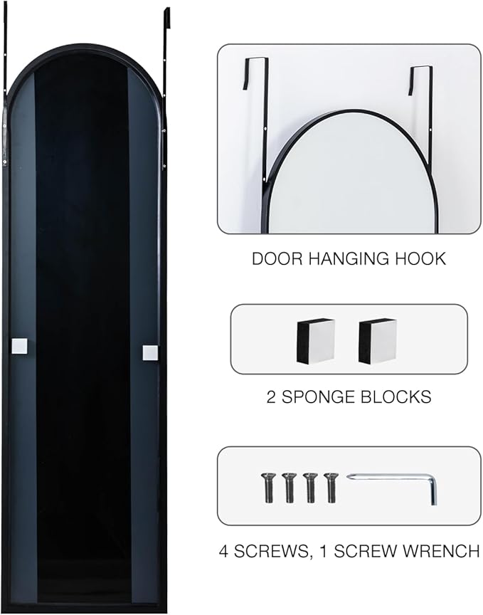 Full Length Mirror 48x14 Inches - Over The Door Hanging Mirror for Bedroom, Living Room, Closet - Arch Floor Mirror, Door Mirror with Black Frame - No Drill Easy Install