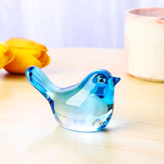 YWHL Handmade Crystal Blue Bird Figurines, Animals Gifts for Birds Lovers Women Men, Art Glass Birds Collectible for Home Decor, Desk Table Home Office Decoration