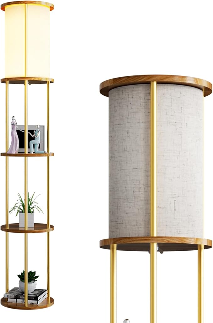 ACOHOOK 61" Floor Lamp with Shelves, Modern Gold Floor Lamp with Fabric Lampshade and 3- Tier Storage Table Attached, 35lb Capacity Solid Wood, Corner Bookshelf Lamps for Living Room, Bedroom, Office