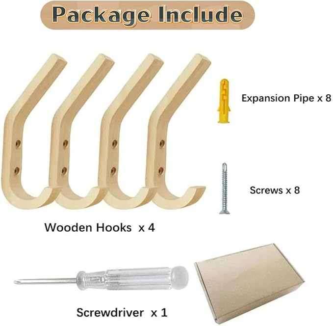 Wooden Coat Hooks Wall Hooks,Rustic Natural Oak Wood Wall Hooks for Hanging Decorative Vintage Organizer Heavy Duty Entryway Wall Mounted Hangers Hooks for Hat Rack,Coats,Towels, Key,Bags(4 Pack)