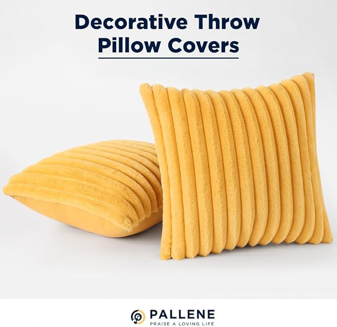 Pallene Faux Fur Plush Throw Pillow Covers 16x16 Set of 2, Luxury Soft Fluffy Striped Decorative Pillow Covers for Sofa, Couch, Living Room, Mustard Yellow