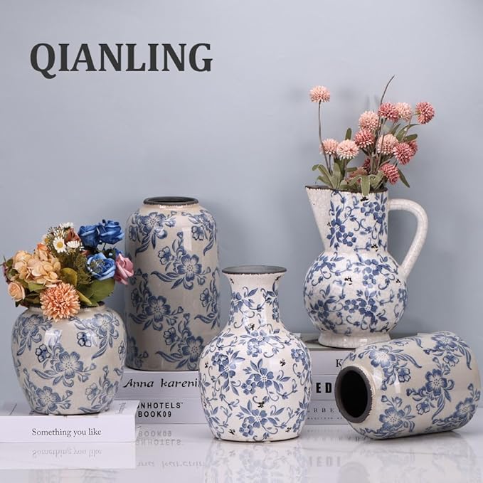 Blue and White Vase - 7.1 Inchs Vintage Ceramic Vases for Home Decor, Farmhouse Flower Vase for Living Room and Kitchen, Vintage Pottery Decor for Table Shelf and Mantle, Chinoiserie Decor Vases