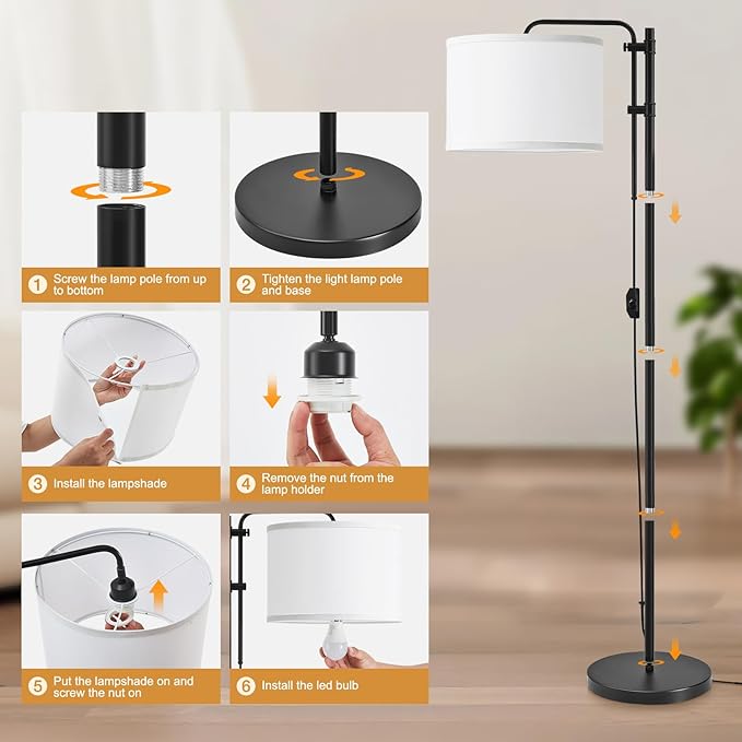 GyroVu Floor Lamp for Living Room, Adjustable Height Standing Lamps with 350ยฐ Rotate White Lampshade, 67.5-Inch Modern Tall Lamp Dimmable Floor Lamps for Corner Bedroom Home Office (Bulb Included)