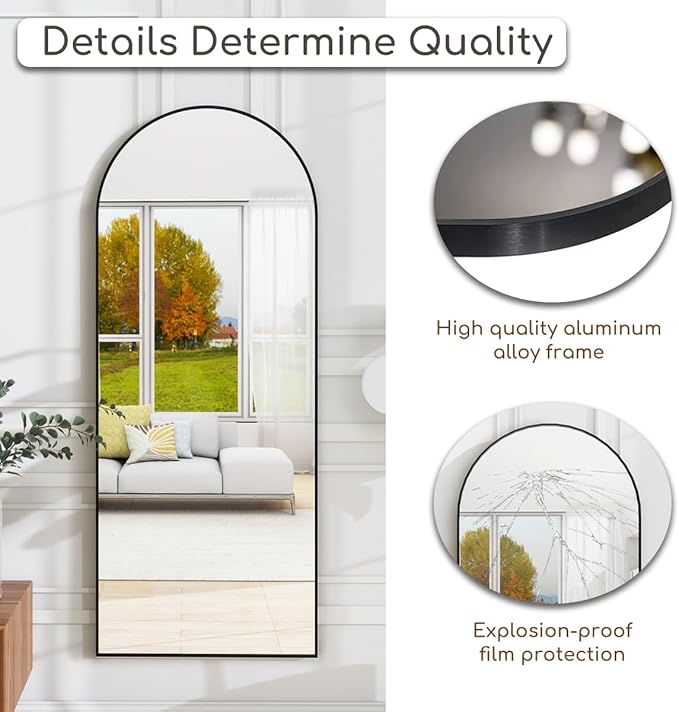 Arched Floor Mirror, 58 "x 18" Full Length Mirror Wall Mirrors Hanging or Leaning Arched-Top Full Body Mirrors with Stand for Bedroom, Dressing Room, Black