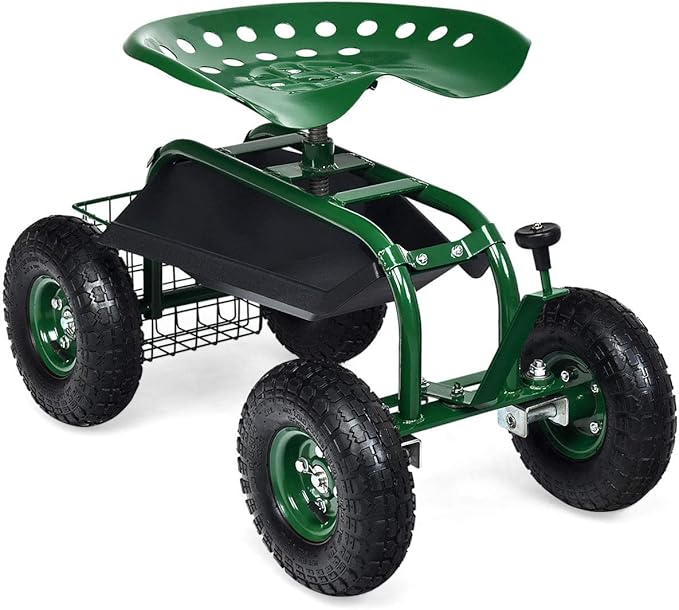 Goplus Garden Seat with Wheels, Rolling Garden Cart with 360 Degree Swivel Seat for Planting, Gardening Stool w/Tool Tray, Basket, Gardening Chair Workseat, Patio Wagon Scooter for Seniors