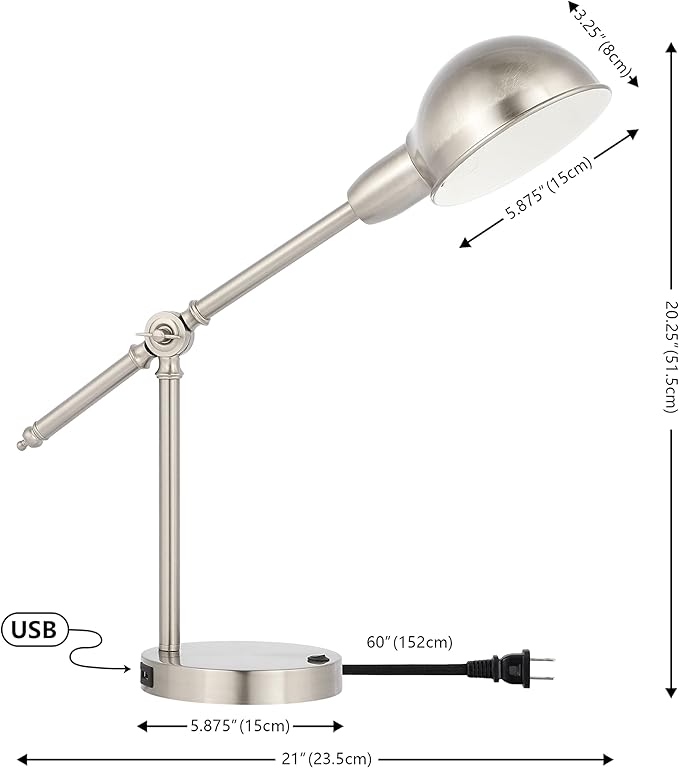 JONATHAN Y JYL7123B Curtis 20.25" Iron Adjustable Dome Shade LED Task Lamp, USB Charging Port, Classic, Coastal, Industrial, Vintage, Farmhouse, Traditional for Bedroom, Living Room, Office, Nickel