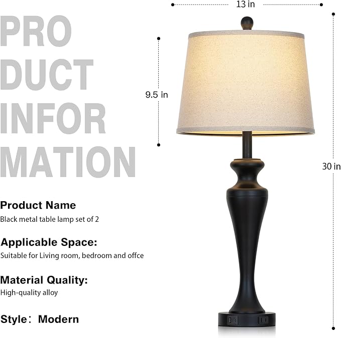 30" Table Lamp Single, 3-Way Dimmable Touch Bedside Lamp with USB A+C Ports and AC Outlet, Tall Living Room Lamps for Side Table, Modern Bedroom Lamp for Nightstand, Black-1PK