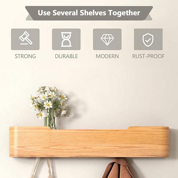 Coat Rack Wall Mount Entryway Organizer Modern Key Holder Wall Mount with Wooden Shelf Entryway Hooks for Bedroom Kitchen Hallway Bathroom for Hanging Coats Hats Dog Leashes Bags Towels (Oak, 5 Hooks)