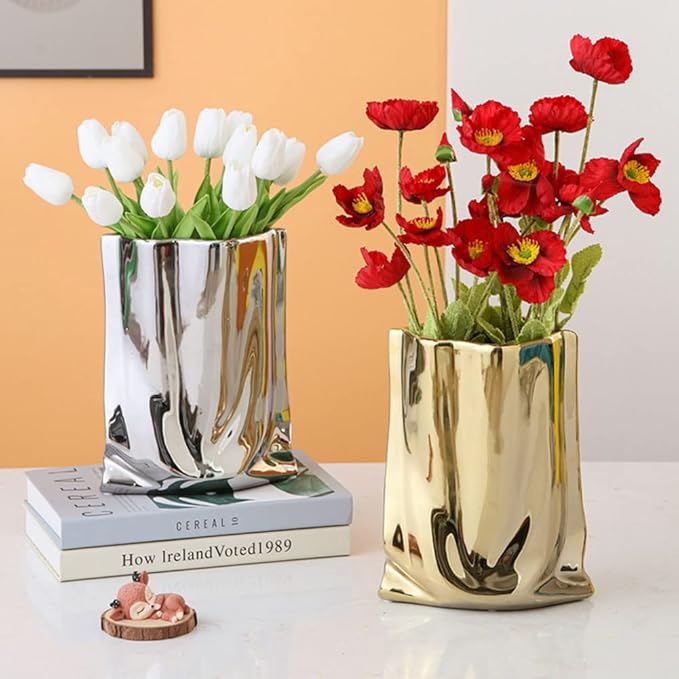 Gold Flower Vase, Paper Bag Ceramic Vase, Modern Metallic Luster Gold Vase Home Decor for Table Centerpieces, Living Room, Shelf Decor, Mantel (Gold-Small)