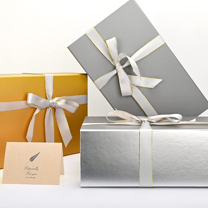 LIFELUM Large Gift Boxes with Lids, 2 Pack 13.8 x 8.3 x 4.4 inch Silver Gift Boxes with Ribbon, Card, Shredded Paper Filler for Presents, Graduation, Christmas, Birthdays