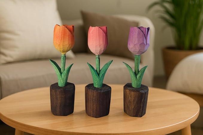 Handcrafted Wooden Tulip Figurine – Elegant Basswood Carved Sculpture, Unique Gift with Premium Gift Box, Ideal for Mother’s Day, Anniversary, Birthday, Home Office Décor (Purple)