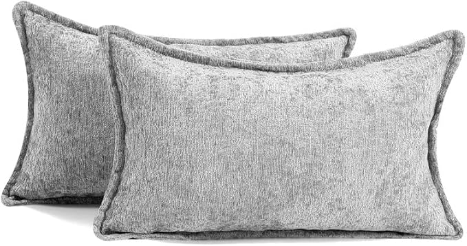 DEZENE Pack of 2 Light Gray Decorative Throw Pillow Covers 12x20 Cozy Soft Chenille Accent Vintage Rectangular Lumbar Couch Pillow Covers for Home Decor Bed Sofa Living Room