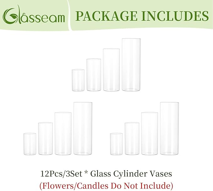 Glasseam Cylinder Glass Vases for Centerpieces: 12 Pack Clear Flower Vase Bulk 4" 6" 8" 10" Hurricane Floating Pillar Candle Holder - Modern Centerpiece for Wedding Dining Home Table Decor