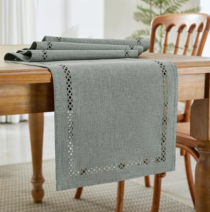 Burlap Style Farmhouse Table Runner, 13 x 108 Inch Grey, Rustic Geometric Hollow Table Runners 108 Inches Long for Dresser Table Everyday Use, 13x108 Inches, Grey