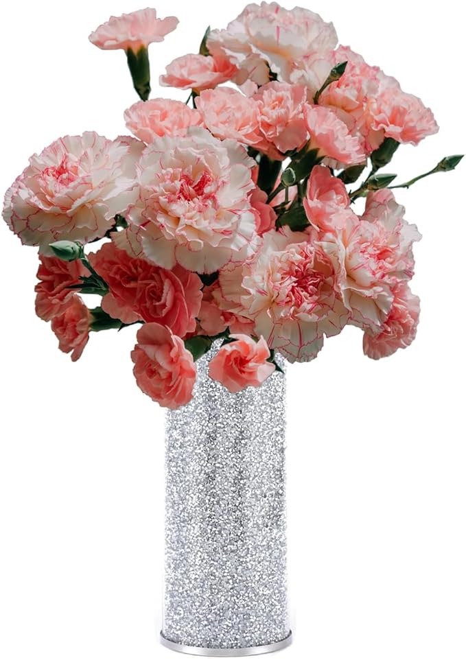 Silver Glass Vase for Flowers, Large 10in Crushed Diamond Vase, Luxurious Fresh Flower Vase for Home Decor, Bedroom, Living Room, Office, Wedding, Party, Dining Table