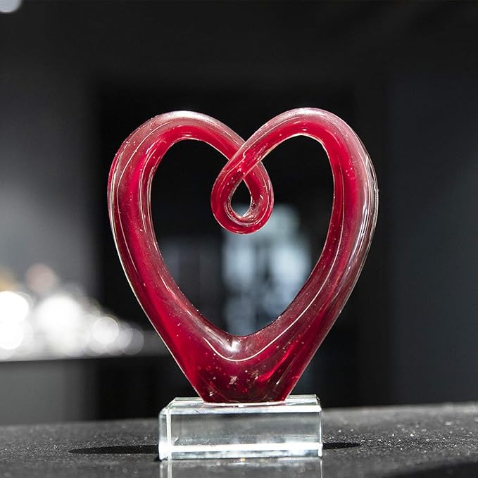 QFkris 5'' Tall Art Glass Red Heart Sculpture Centerpiece Party Home Decoration Glass Art Style Red Abstract Table Decor Valentines Day Gifts