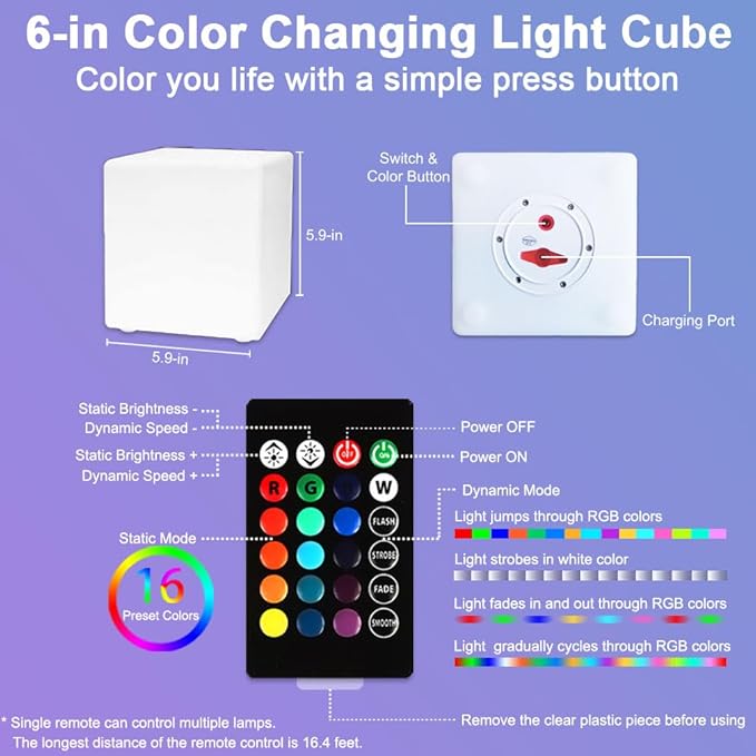 6-in LED Cube Night Light, Rechargeable LED Light Cube w/Remote, Dimmable 16 RGB Color Changing 4 Modes Light Up Cubes for Kid/Adult, Waterproof Tesseract Cosmic Cubes for Bedroom Sensory Room Nursery