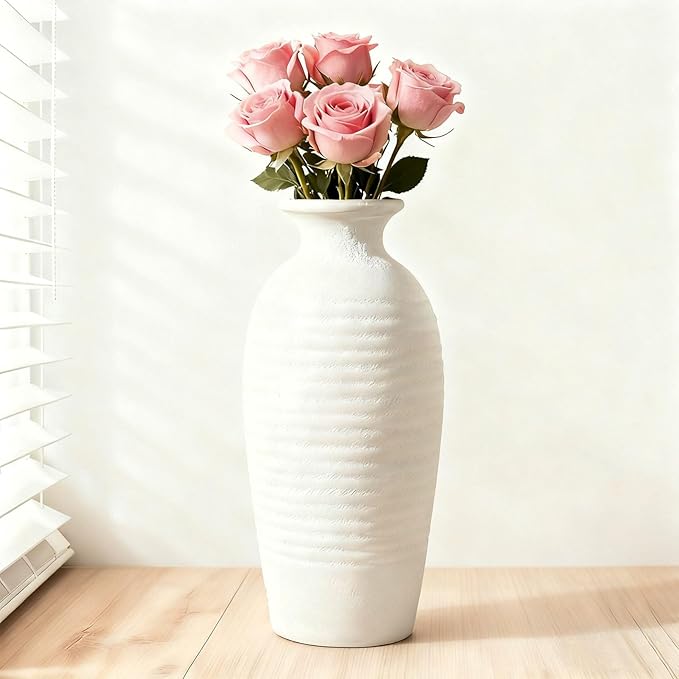 Ceramic Farmhouse Vase, 14.4 Inch Large Handmade Rustic Flower Vase, Waterproof Tall Vase for Pampas Grass & Home Decor, Ideal for Living Room, Shelf, Wedding & Housewarming Gift in Off-White