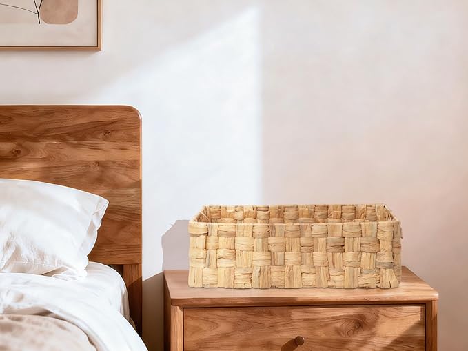 YAHUAN Water Hyacinth Storage Basket Handwoven Wicker Shelf Basket, Shallow Basket Tray Organizer with Handles for Home, Closet & Kitchen (Original)