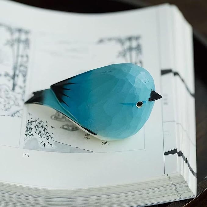 Handmade Wooden Blue Robin Figurine – 3.7" Carved & Hand-Painted Bird Statue, Desktop & Home Decor, Rustic Art, Gift for Bird Lovers