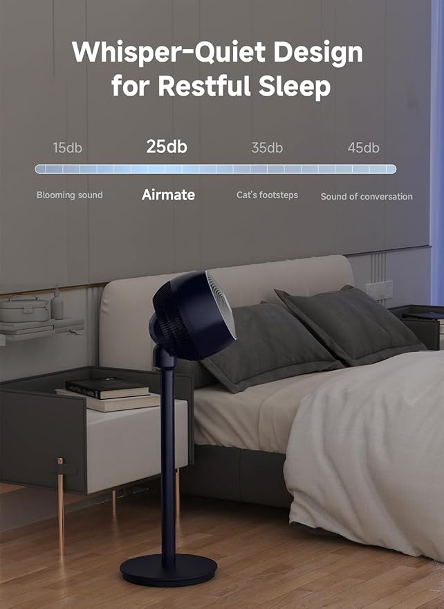 AIRMATE Standing Fan for Bedroom, 9" Blade Pedestal Fan with Remote, DC Motor, 12 Speeds, Quiet 25dB, 960CFM High Airflow, 85ft, Adjustable Height (12"-37"), 12H Timer, 80° Oscillating fan, DarkBlue