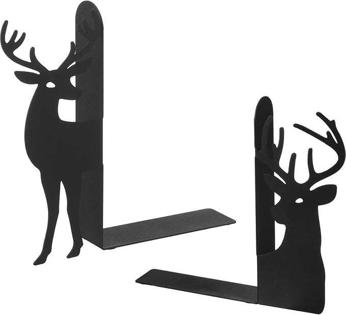 Geelin Reindeer Metal Bookends Set of 2 Black Reindeer Head Christmas Book Ends for Shelves Elk L Shaped Book Organizer for Desk Organizer Deer Lovers and Reading Enthusiasts