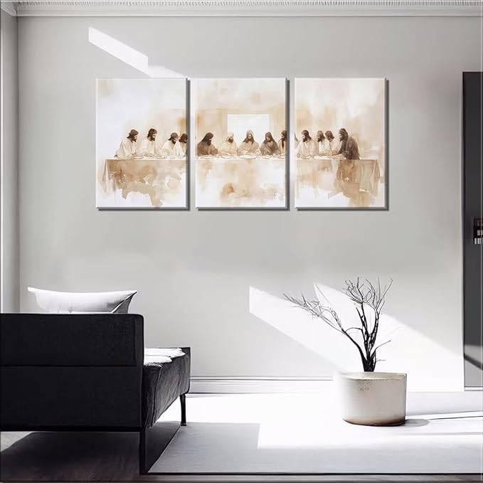 3Pcs Frame Jesus Last Supper Canvas Wall Art Christian Bible Famous Paintings Wall Decor Pictures Renaissance Painting Posters Prints for Corridor Dining Living Room Kitchen Bedroom Decoration 12x16in