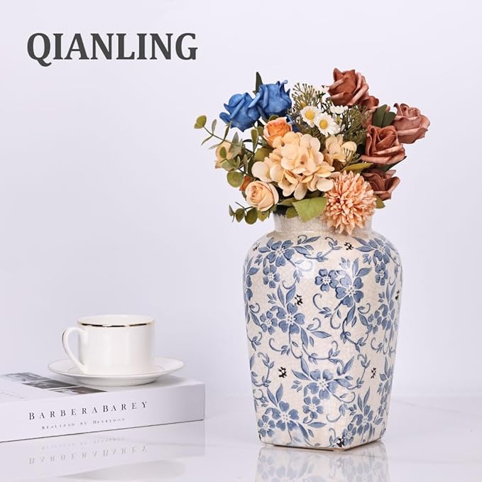 Blue and White Vintage Vase - 9.7 Inchs Chinoiserie Decor Crackle Finish Floral Vase, Rustic Farmhouse Decorative Vases for Table, Living Room, Bathroom, Shelf Decor, Mantel, Centerpieces