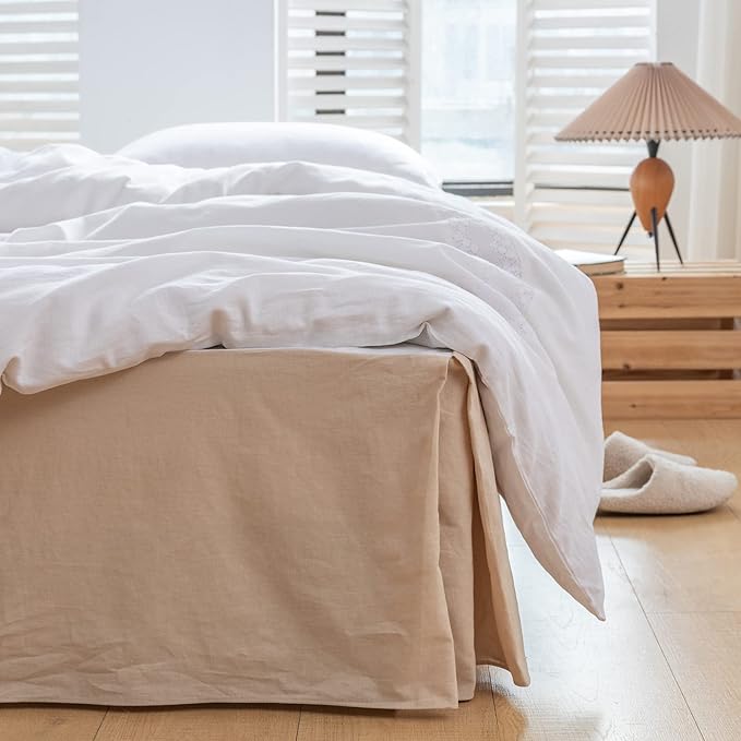 BISELINA French Linen Bed Skirt with Pleated Corner 14-Inch Tailored Drop Natural Flax Cotton Blend Basic Dust Ruffle Soft Cozy Farmhouse Bedding (14" Twin, Basic Linen)
